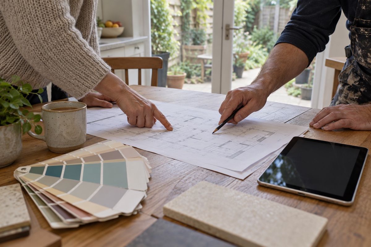 Homeowner and painter reviewing a painting plan together at a kitchen table