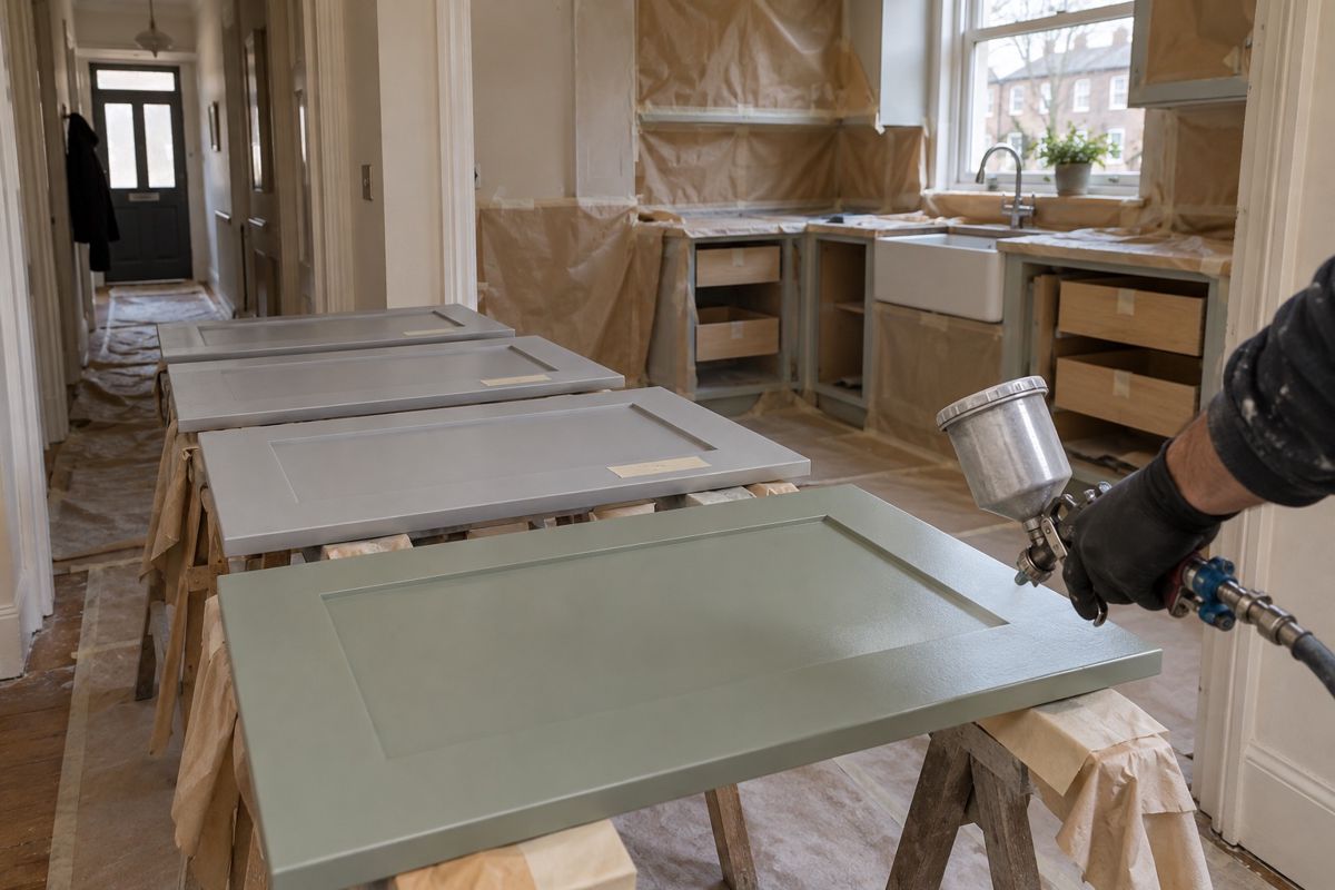 Shaker kitchen cabinet doors being spray painted sage green in London