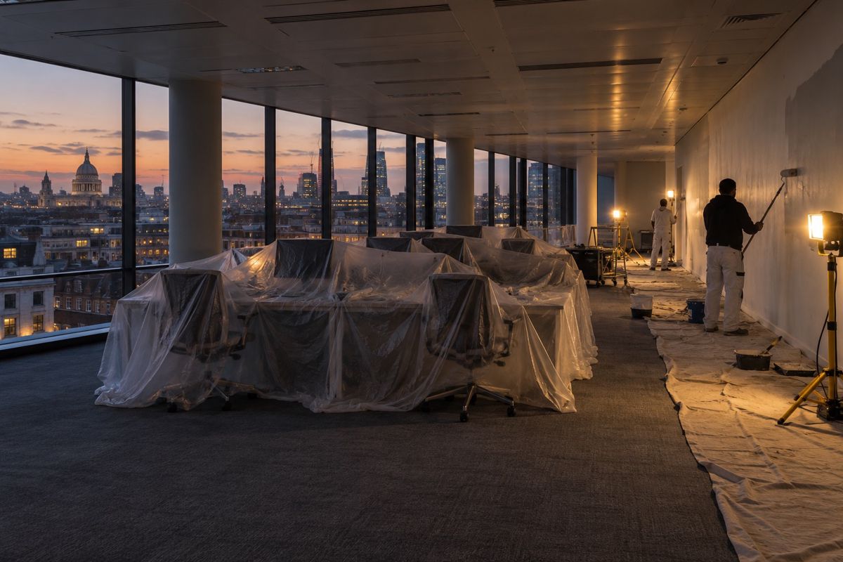 Evening repaint of an office corridor in London with furniture under sheets