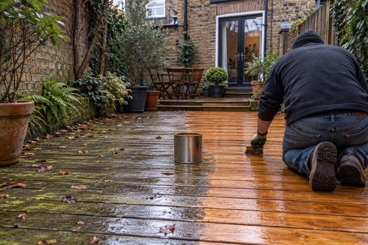 Freshly oiled decking in a small walled London garden with moss still visible