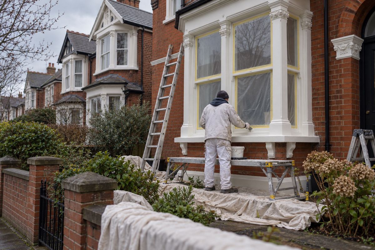 Painter brushing a bay window sill on an Edwardian London semi