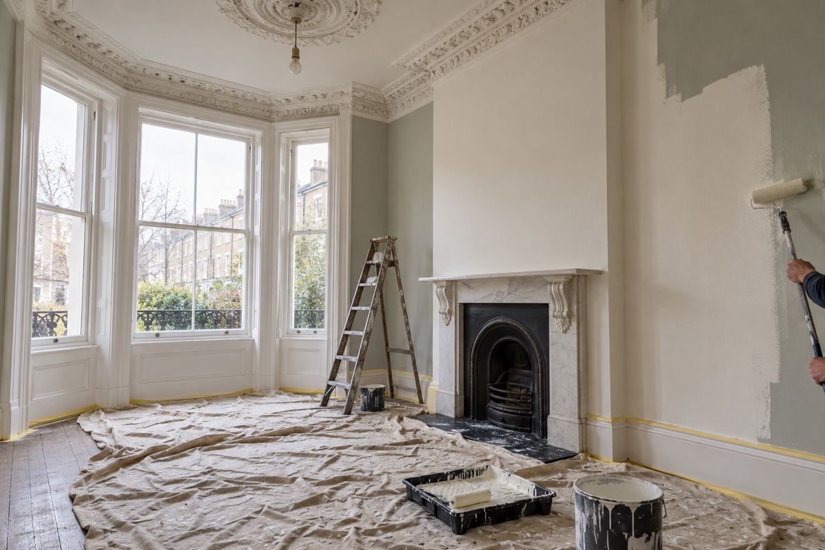 Repainting a high-ceilinged Victorian London room with sash windows